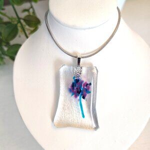 Handmade asymmetrical purple blue iridescent pendant necklace, OOAK jewelry